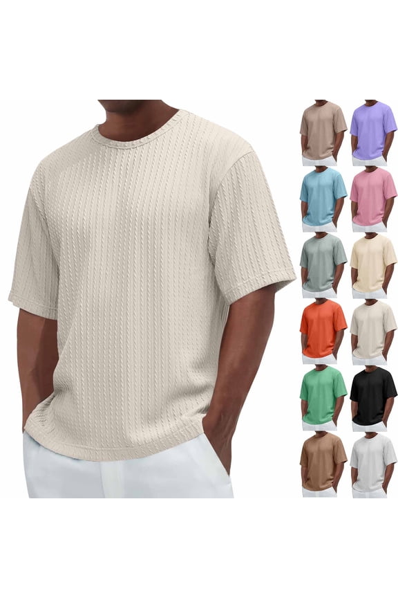Mens Summer T Shirts Casual Ribbed Textured T-Shirt Crew Neck Stylish Tees Beige XL