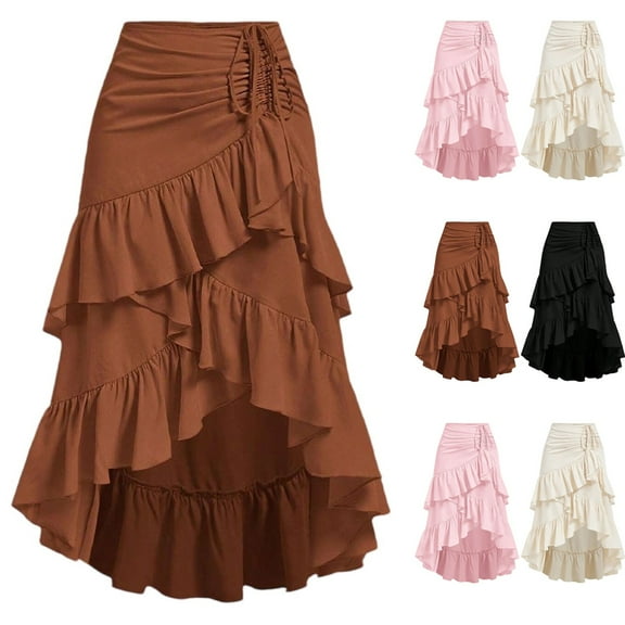 TrdSipl Midi Skirts for Women Steampunk Victorian Skirt Flowy Drawstring Asymmetrical High Low Tiered Retro Skirts A-Line Ruffle Hem Halloween Party Ren Faire Costume Pink S