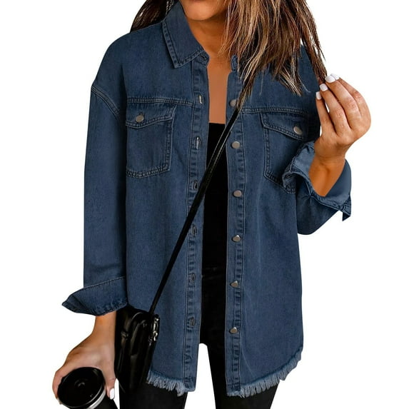 TrdSipl Oversized Jean Jacket for Women Button Up Denim Jackets Lounge Long Sleeve Denim Shirts Fall Winter Frayed Hem Jean Jacket with Pockets Blue M