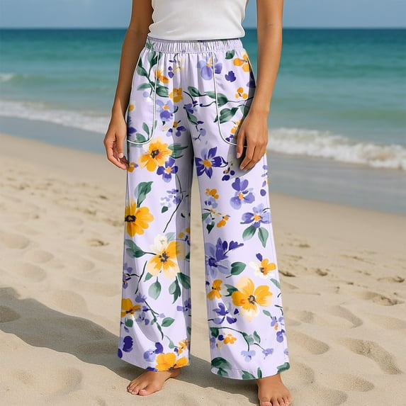 TrdSipl Petite Palazzo Pants for Women Short Elastic Waist Wide Leg Pants Floral Loose Trendy Lightweight Travel Pant with Pockets Light Purple XL