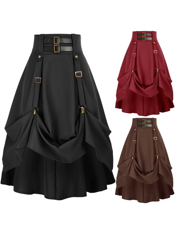 Skirts for Women Pirate High Waisted Goth Skirt Vintage a Line Flowy Steampunk Victorian Midi Skirts Ruffle Hem Halloween Party Ren Faire Costume Black M