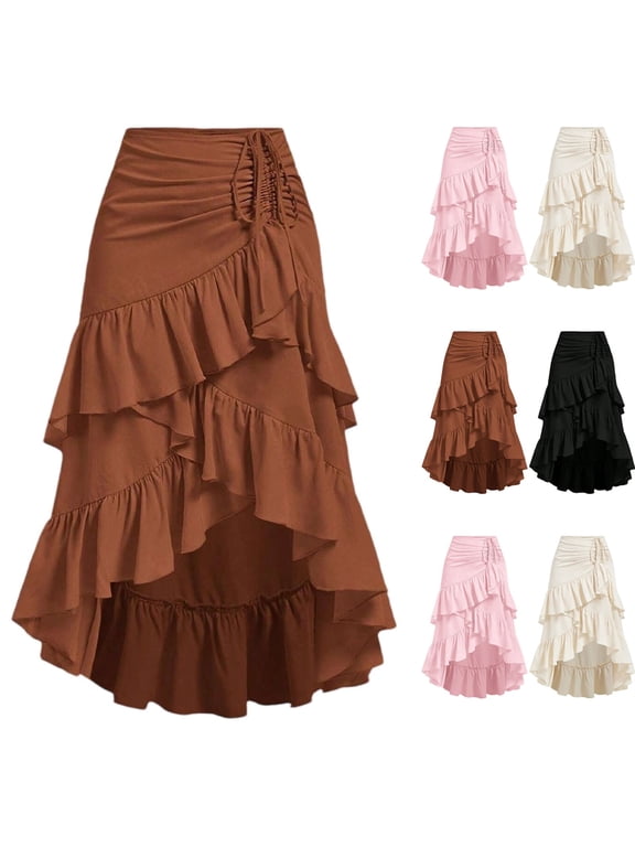 Skirts for Women Steampunk Medieval Skirt Flowy Drawstring Asymmetrical High Low Tiered Retro Skirts a Line Ruffle Hem Halloween Party Ren Faire Costume Black L
