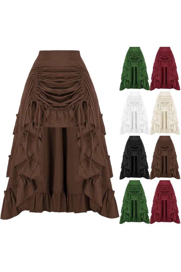 Skirts for Women Victorian Steampunk Goth Skirt Flowy Drawstring Vintage Midi Skirts a Line Ruffle Hem Halloween Party Ren Faire Costume Wine M