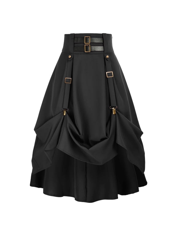 Skirts for Women Victorian Steampunk Goth Skirt Flowy Pirate High Waisted Vintage Skirts a Line Ruffle Hem Halloween Party Ren Faire Costume Black L
