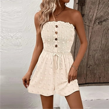 TrdSipl Summer Rompers for Women 2025 Smocked Strapless Shorts Rompers Cute Off Shoulder Short Jumpsuits Loose Ruffle Beach Vacation Outfits Beige XL