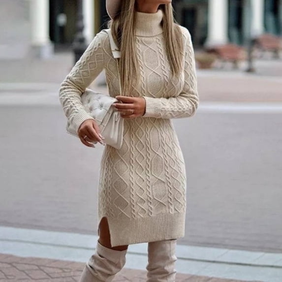 TrdSipl Sweater Dress for Women Long-Sleeve High Neck Split Bodycon Ruched Mini Dress Fall Winter Chunky Knit a Line Tunic Dresses
