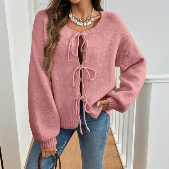 TrdSipl Tie Front Cardigan Sweaters for Women Cute Bow Long Puff Sleeve Sweater 2025 Fall Loose Knit Fashion Jacket Coat Pink L