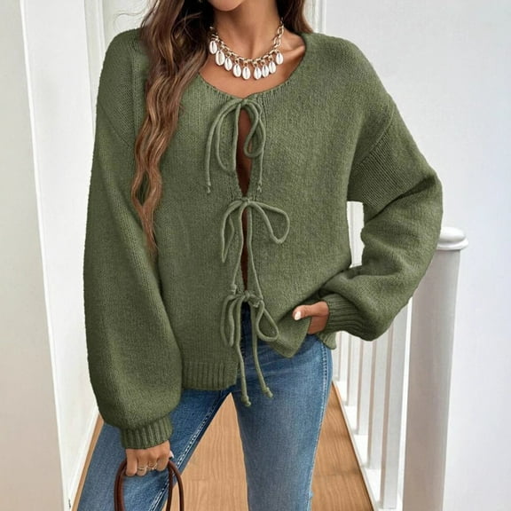 TrdSipl Tie Front Cardigan Sweaters for Women Cute Bow Long Puff Sleeve Sweater Winter Loose Fit Ribbed Knit Trendy Jacket Coat Army Green S
