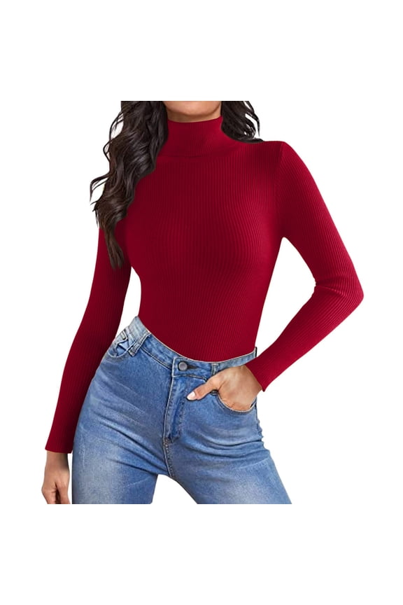 Turtleneck Shirts for Women Casual Long Sleeve Pullover Sweaters Thermal Mock Neck Knit T-Shirt Winter Slim Basic Tee Tops Wine S