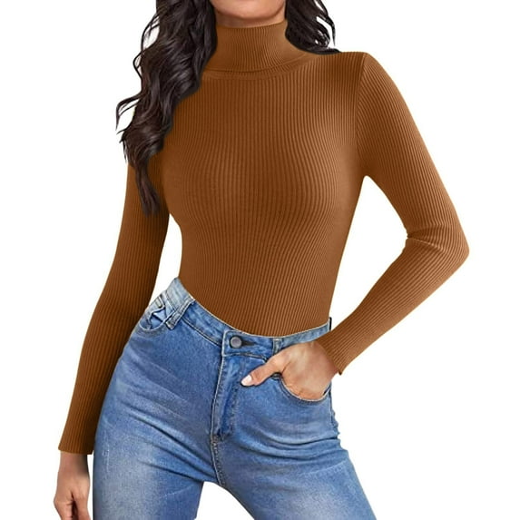 TrdSipl Turtleneck Shirts for Women Casual Long Sleeve Pullover Sweaters Warm Mock Neck Knit T Shirt 2025 Winter Slim Basic Top Light Brown S