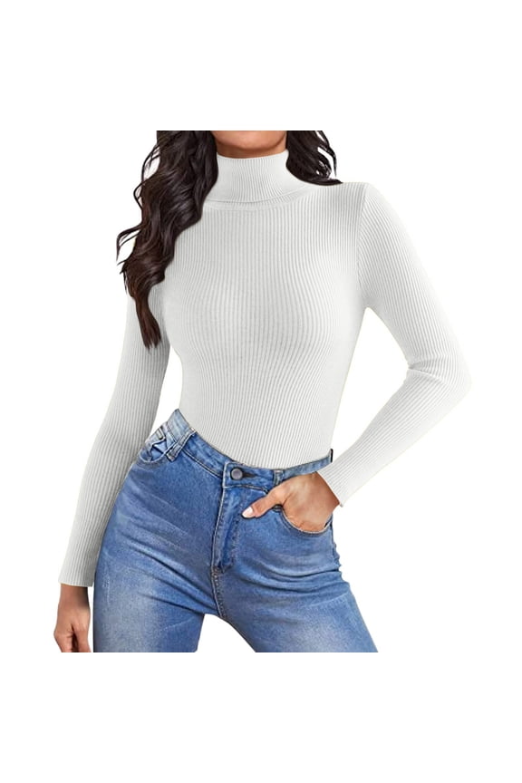 Turtleneck Sweaters for Women Casual Long Sleeve Pullover Sweater Winter Mock Neck Knitted Tshirt Thermal Slim Basic Tee Tops White L