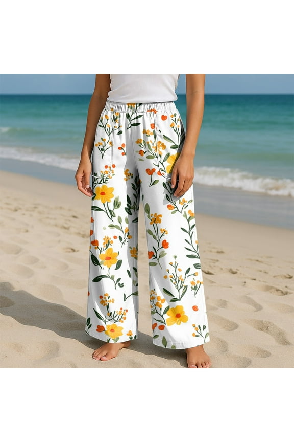 Wide Leg Pants Woman Elastic Waist Culottes Floral Loose Cute Lightweight Travel Pant with Pockets Beige L
