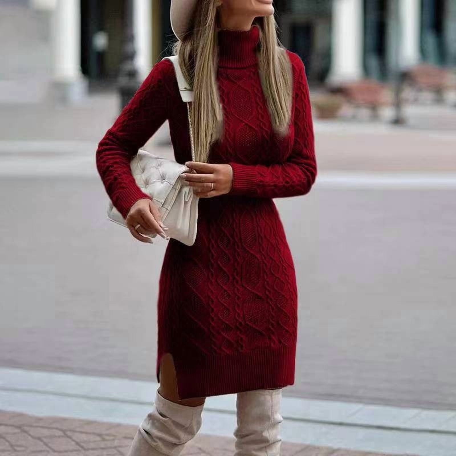 TrdSipl Women High Neck Sweater Dress Lounge Chunky Long Sleeve Split Bodycon Mini Dress Fall Fashion Cable Knitted a Line Tunic Dresses