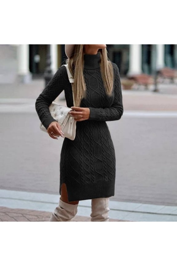 Women Turtleneck Sweater Dress Lounge Chunky Long Sleeve Split Bodycon Mini Dress Winter Dressy Cable Knitted a Line Short Dresses