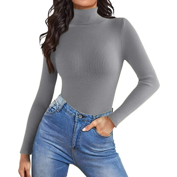 TrdSipl Women's Casual Slim Basic Tops Knit Lightweight Turtleneck Pullover Sweater Winter Warm Undershirts Gray M