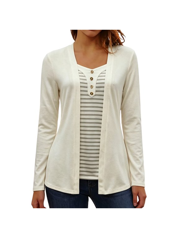 Women's Casual V Neck Fake Two Piece Long Sleeve Top, Decorative Button Striped Spliced Loose Tunic Blouse, Lightweight Knit Layered Look Shirt,White L