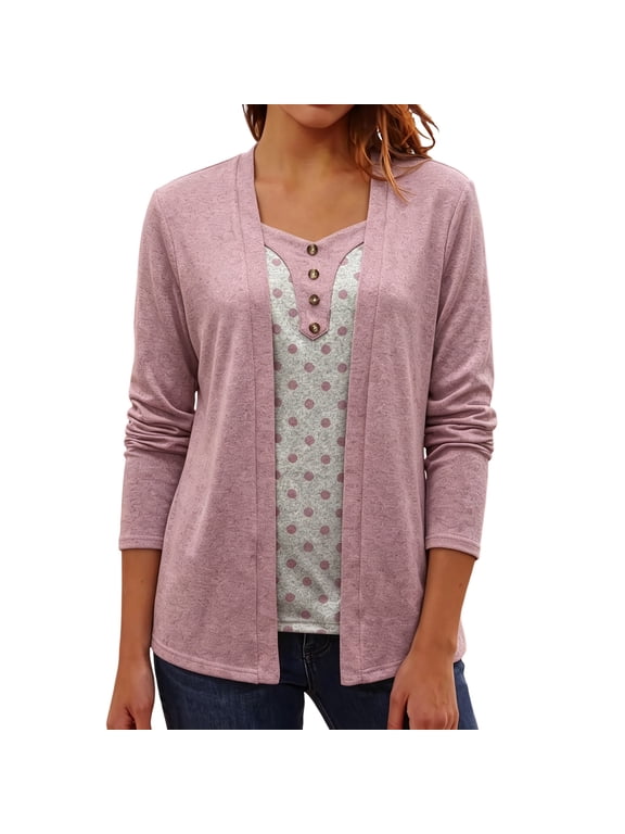 Women's Casual V Neck Fake Two Piece Long Sleeve Top, Decorative Button Striped Spliced Loose Tunic Blouse, Lightweight Knit Layered Look Shirt,Pink 5XL