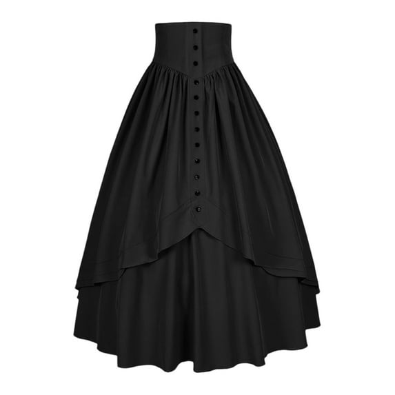 TrdSipl Women's Goth Skirt Button Tummy Control High Waisted Victorian Skirt Vintage Steampunk Flowy Midi Skirts A-Line Ruffle Hem Halloween Party Ren Faire Costume Black 2XL