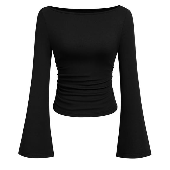 TrdSipl Women's Long Sleeve Shirts Fall Ruched Bell Sleeve Boat Neck Basic Tee Lounge Slim Ribbed Knitted Crop Tops Y2k Outfit Fashion Clothing