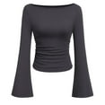 thumbnail image 1 of TrdSipl Women's Long Sleeve Shirts Spring Ruched Sides Bell Sleeve Boat Neck Basic Tee Casual Slim Fit Ribbed Crop Tops Y2k Outfit Stylish Clothes, 1 of 6