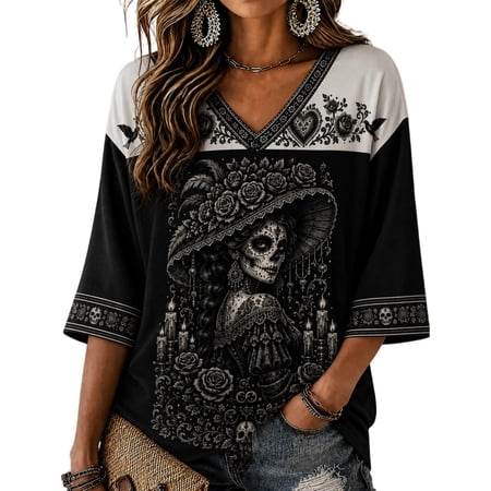 TrdSipl Women's Mexican Day Of The Dead Tshirt Dia De Los Muertos Floral Sugar Skull Graphic Tees Day Of The Dead Halloween Tshirt,Black L