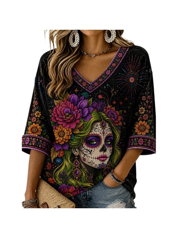 Women's Mexican Day Of The Dead Tshirt Dia De Los Muertos Floral Sugar Skull Graphic Tees Day Of The Dead Halloween Tshirt,Deep Red L