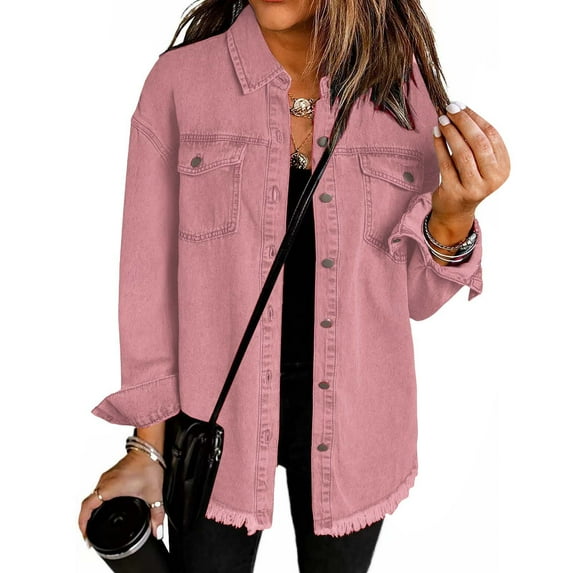TrdSipl Women's Plus Size Button Up Denim Jackets Casual Long Sleeve Denim Shirts Fall Winter Ripped Distressed Jean Jacket with Pockets Pink S