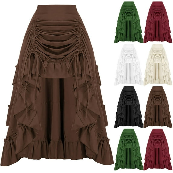 TrdSipl Women's Skirts Boho Victorian Skirt Flowy Drawstring Retro Midi Skirts A-Line Ruffle Hem Halloween Party Ren Faire Costume Black S