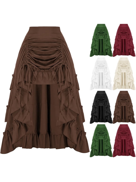 Women's Skirts Drawstring Goth Skirt Vintage a Line Flowy Steampunk Victorian Midi Skirts Ruffle Hem Halloween Party Ren Faire Costume White M