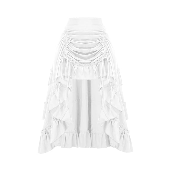 TrdSipl Women's Skirts Drawstring Medieval Skirt Retro Boho Flowy Midi Skirts A-Line Ruffle Hem Halloween Party Ren Faire Costume White S