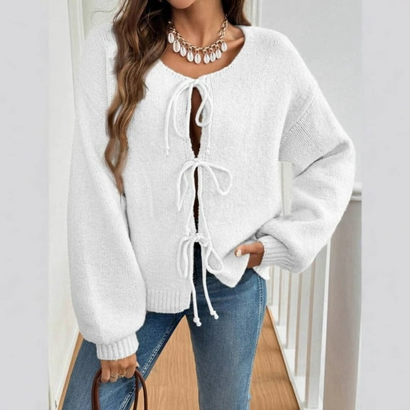 TrdSipl Womens Tie Front Cardigan Sweaters Cute Bow Long Puff Sleeve Sweater Winter Loose Ribbed Knit Stylish Knitwears White M