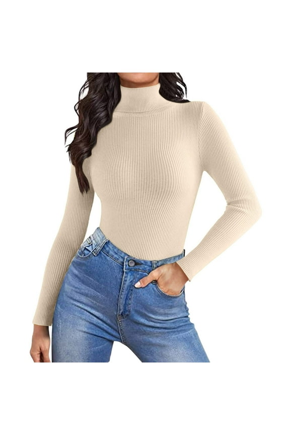 Women's Turtleneck Shirts Casual Long Sleeve Pullover Sweaters Thermal Mock Neck Knitted T-Shirt Winter Slim Basic Tee Tops Beige M