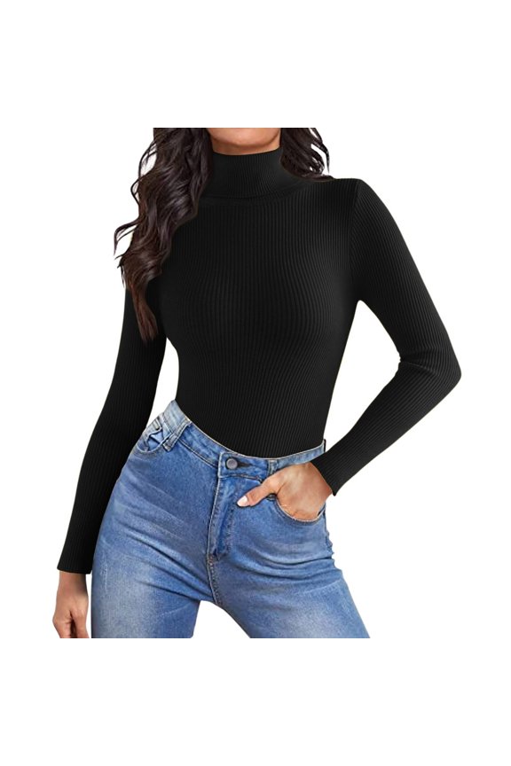Women's Turtleneck Sweaters Casual Long Sleeve Pullover Sweater 2025 Winter Mock Neck Knitted Tshirt Thermal Slim Fitted Basic Tops Black L