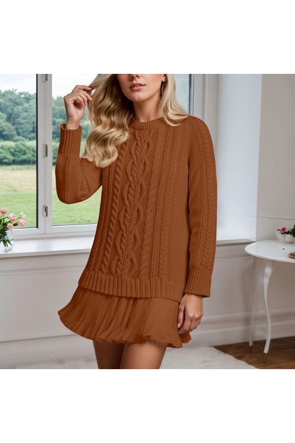 Womens Cable Knitted Sweater Dress Crew Neck Long Sleeve Twofer Style Pleated Mini Sweater Dress Casual Fall Patchwork Knit Dresses