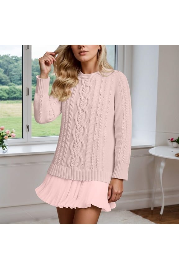Womens Cable Knitted Sweater Dress Stylish Crewneck Patchwork Pleated Knitted Dresses Fall Lounge Long Sleeve Mini Sweater Dress