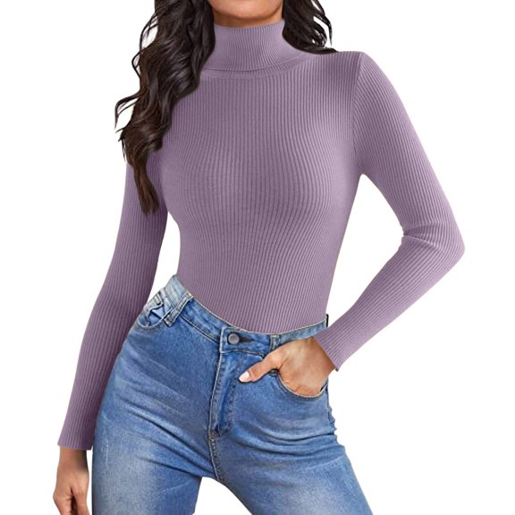 TrdSipl Women's Casual Slim Fitted Basic Top Knitted Lightweight Turtleneck Pullover Sweaters Winter Warm Undershirts Purple L