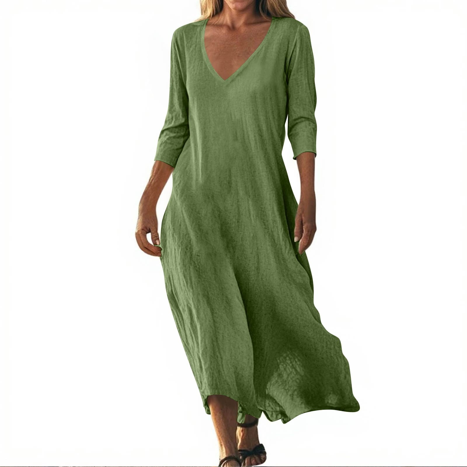 Cotton Summer Dresses Canada Women's Cotton Linen Midi Dress With 3/4 Sleeves | Pleated Summer Sundress For Beach Or Travel Linen Dress Cotton Summer Dresses Canada Women's Cotton Linen Midi Dress With 3/4 Sleeves | Pleated Summer Sundress For Beach Or Travel Linen Dress