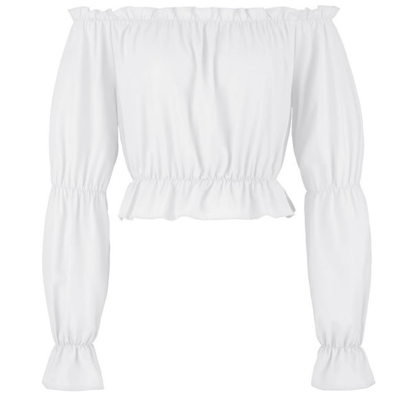 TrdSipl Womens Elegant Off the Shoulder Ruffle Trim Shirt Blouse Slim Puffy Sleeve Tube Cropped Tops White 1 XL