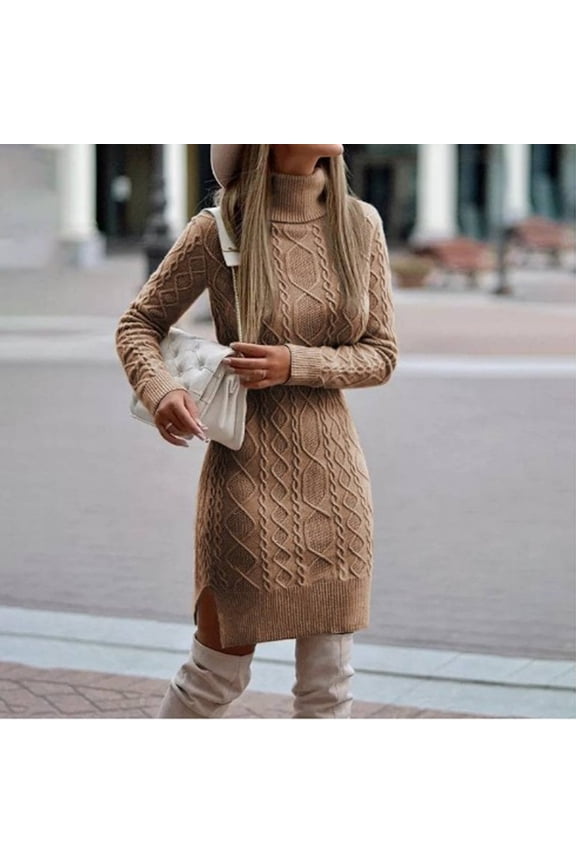 Womens High Neck Sweater Dress Casual Chunky Long Sleeve Split Bodycon Mini Dress Fall Winter Stylish Knitted a Line Tunic Dresses
