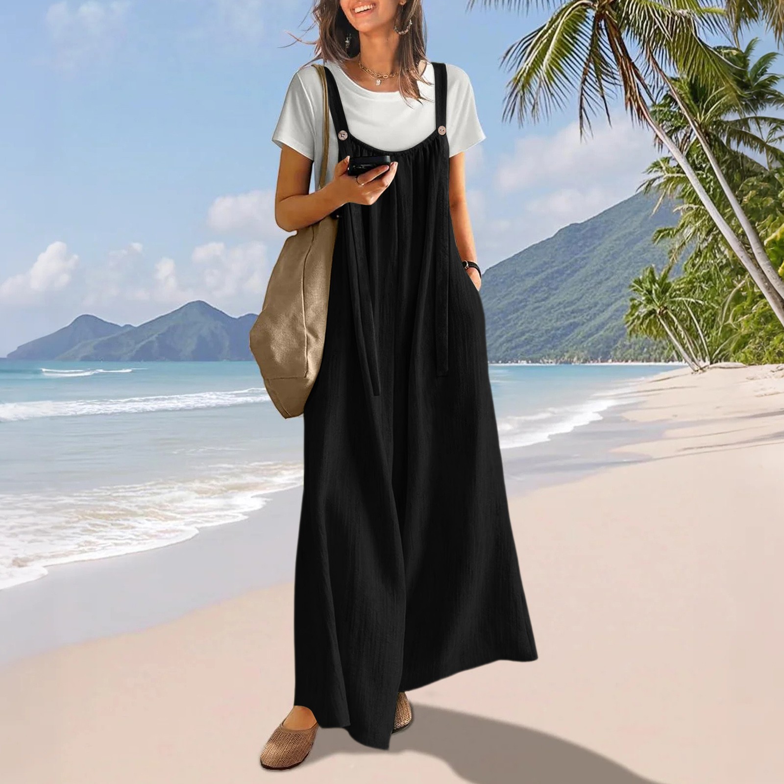 Sleeveless V Neck Loose Casual Black Boho Jumpsuits For Women Backless Vacation Wide Leg Rompers Womens Spaghetti Strap Overalls