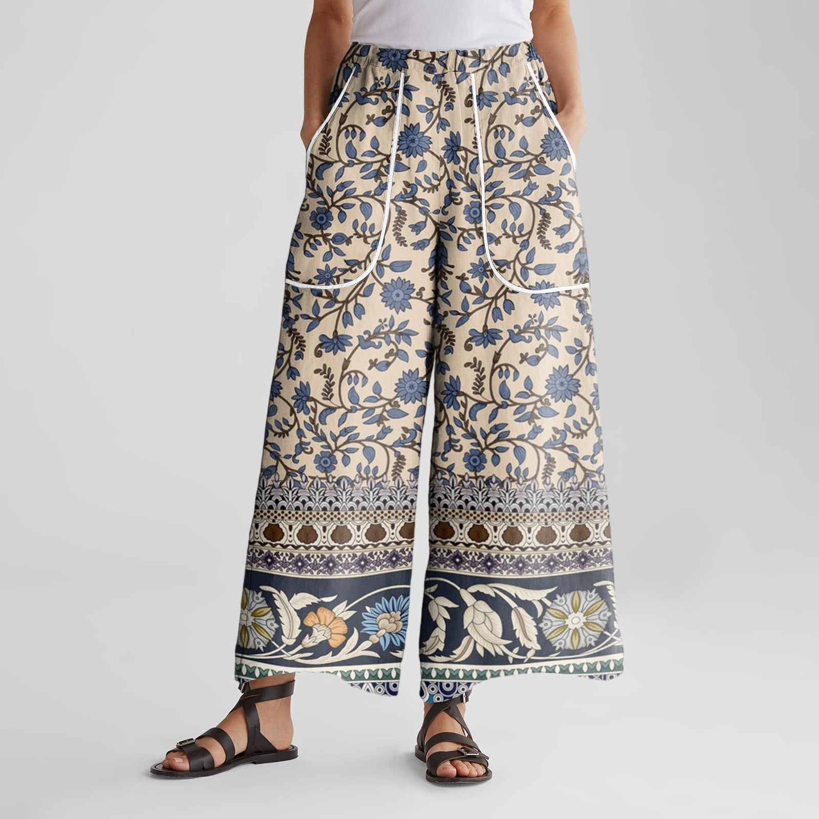 High Waist Loose Fit Floral Linen Pants main image 1