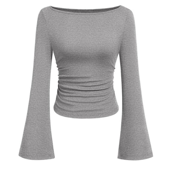 TrdSipl Womens Long Sleeve Shirts 2025 Fall Ruched Sides Bell Sleeve Boat Neck Basic Tee Lounge Slim Fit Ribbed Crop Tops Y2k Outfit Stylish Clothes
