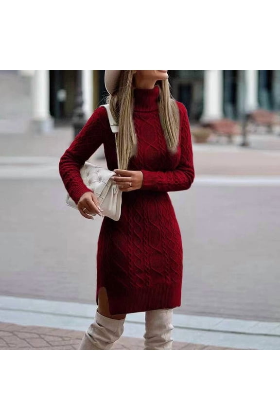 Womens Mock Neck Sweater Dress Casual Chunky Long-Sleeve Split Bodycon Mini Dress Fall Winter Cute Ribbed Knitted a Line Short Dresses