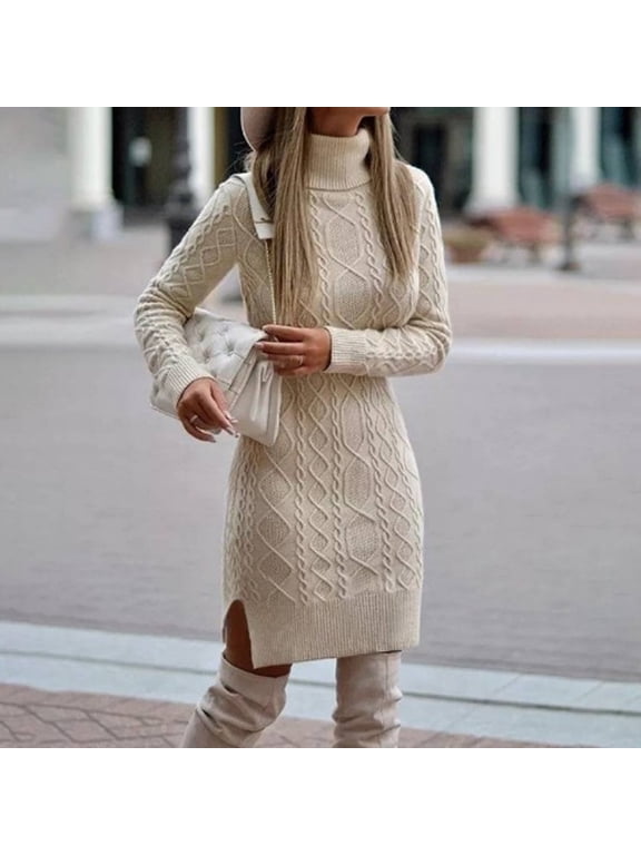 Womens Mock Neck Sweater Dress Lounge Chunky Long Sleeve Split Bodycon Mini Dress Fall Winter Trendy Ribbed Knit a Line Tunic Dresses