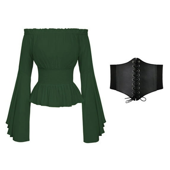 TrdSipl Womens Renaissance Blouse Tops with Corset Waist Belt Medieval Victorian Off Shoulder Puffy Sleeve Shirts Pirate Costume for Women Green XL