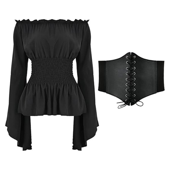 TrdSipl Womens Renaissance Blouse with Belt Set Medieval Victorian Off the Shoulder Puff Sleeve Shirt Renaissance Costume for Women Black S