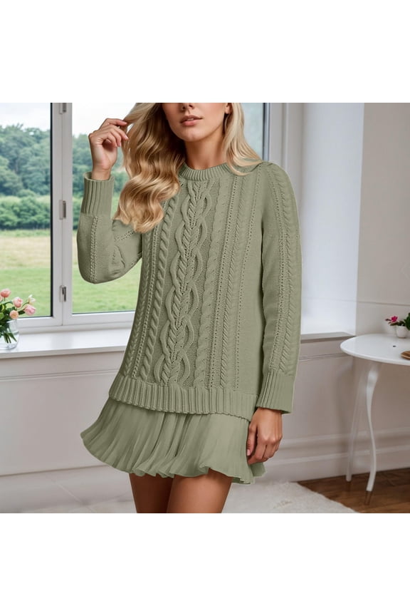 Womens Ribbed Knit Sweater Dress New Crewneck Patchwork Pleated Knitted Dresses Winter Casual Long Sleeve Short Dress
