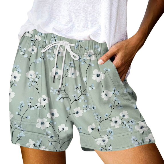 TrdSipl Womens Shorts Color Block Floral Graphic Pull on Shorts Stretch Drawstring Summer 5 Inch Inseam Ladies Pants with Pockets Mint Green S