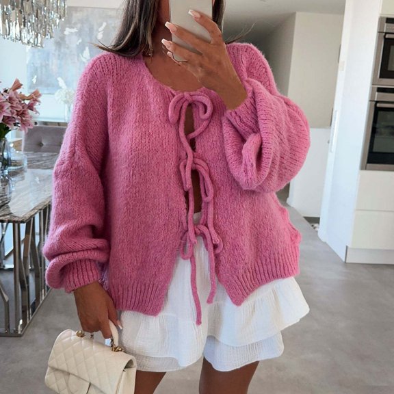 TrdSipl Womens Tie Front Cardigan Sweaters Cute Bow Long Puff Sleeve Sweater Winter Loose Ribbed Knitted Stylish Knitwears Hot Pink S