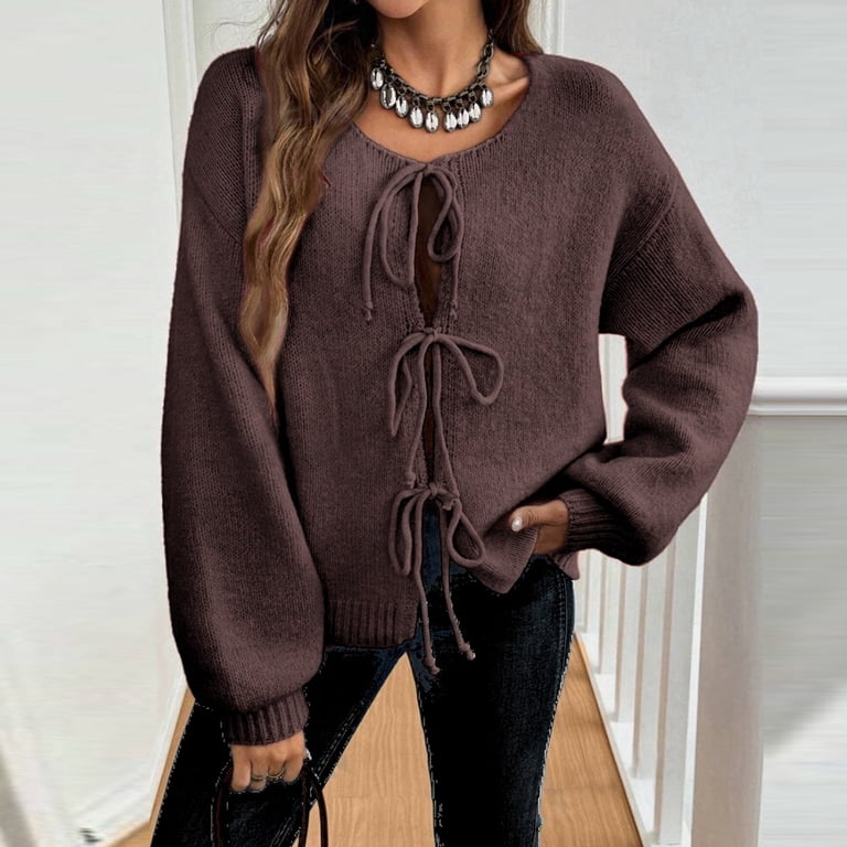 TrdSipl Womens Tie Front Cardigan Sweaters Cute Bowtie Long Puff 